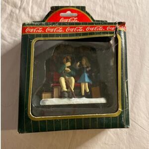 Vintage Coca-Cola Christmas Village Figurine Couple on Bench Sharing Coke